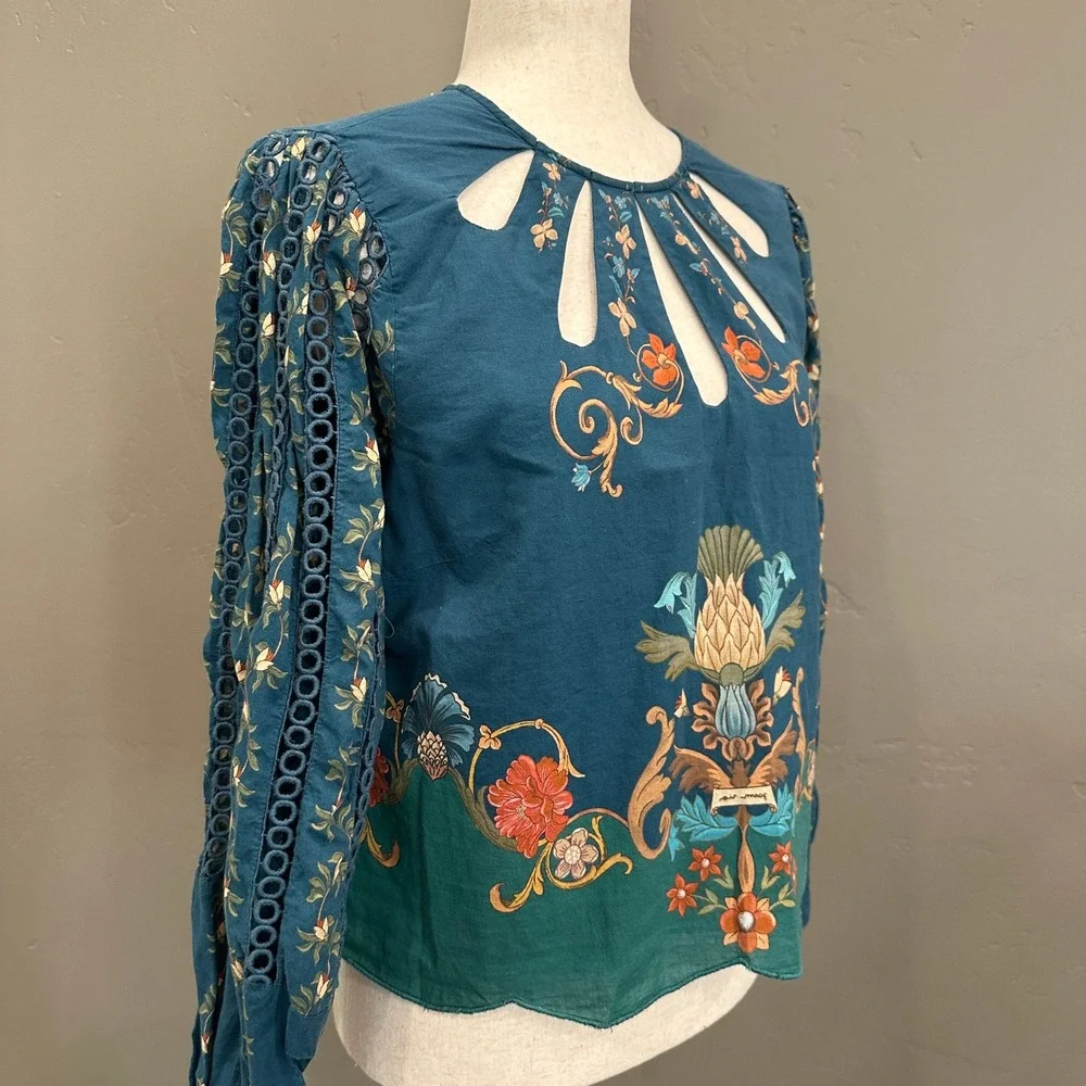 Farm Rio Cutout Blouse M Teal Blue Cutout Boho Peasant Anthropologie Romantic